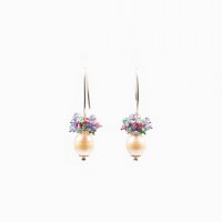 Boucles d'oreilles Flower, perle, émeraude, tanzanite et tourmaline 